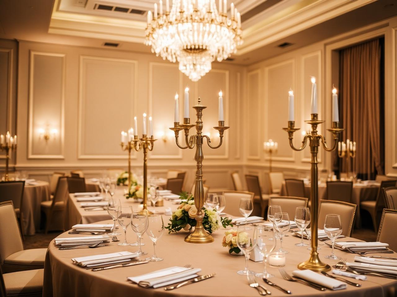 Luxury banquet hall table dressed with brass candelabra centrepieces