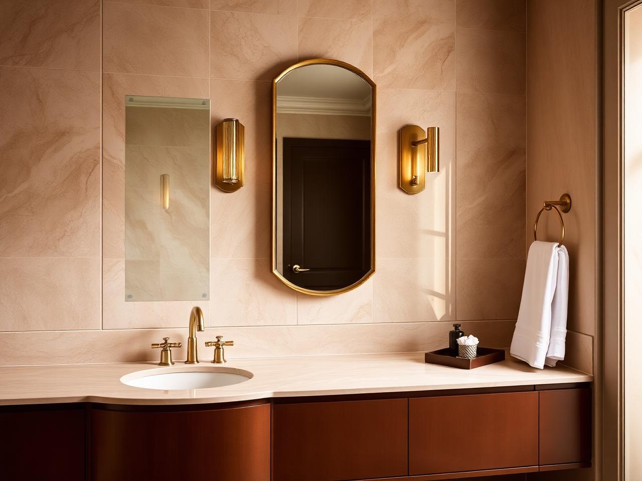 Brass vanity lights flanking a mirror in a luxury hotel bathroom