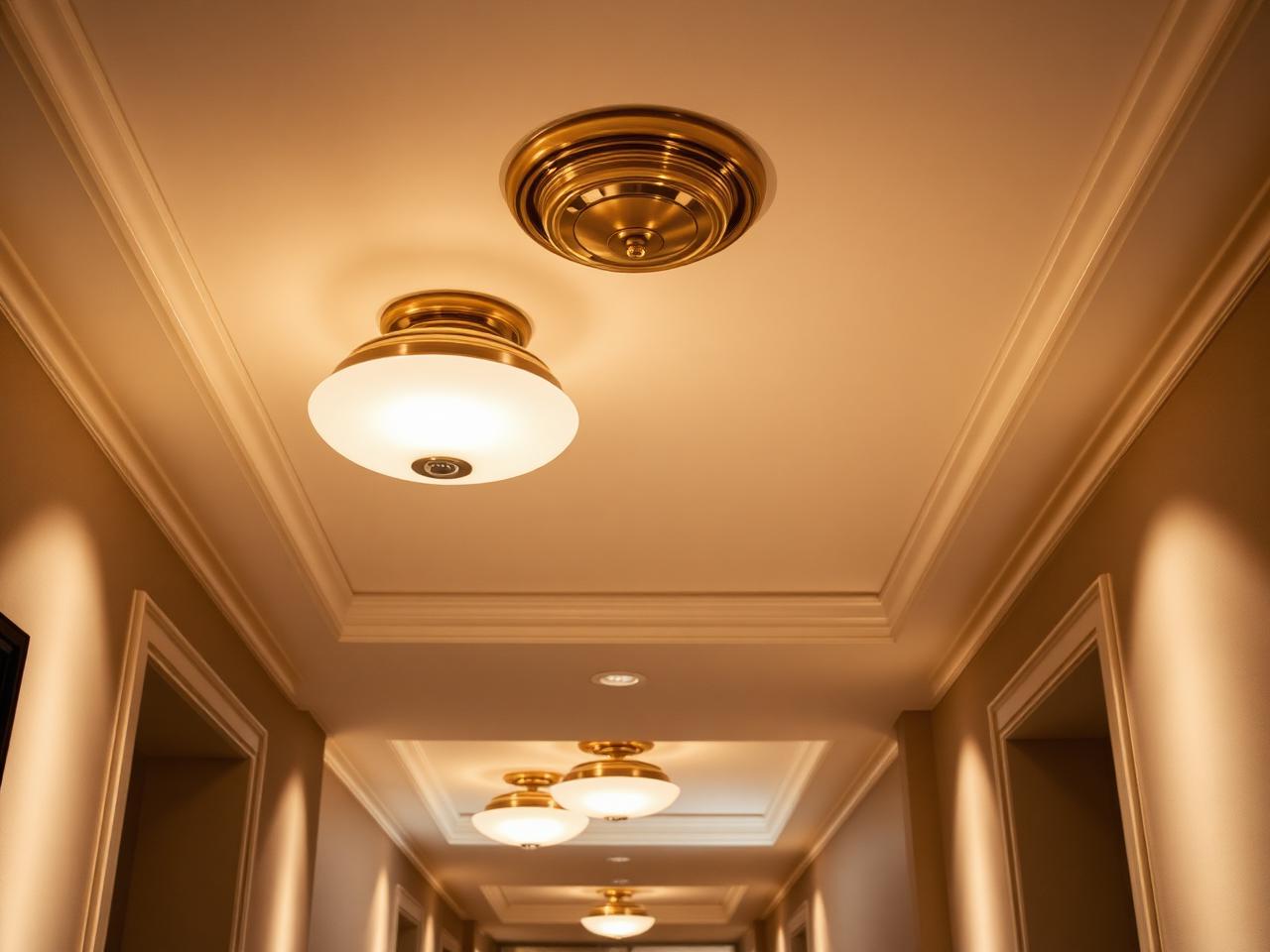 Flush-mounted brass and opal glass ceiling lights in a luxury hotel corridor