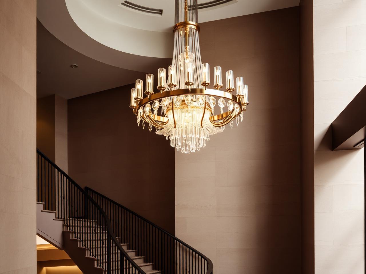 Statement brass and crystal chandelier in a luxury hotel lobby stairwell