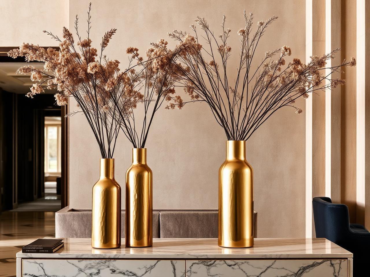 Tall hammered brass vases with dried botanicals on a console in a luxury hotel lobby