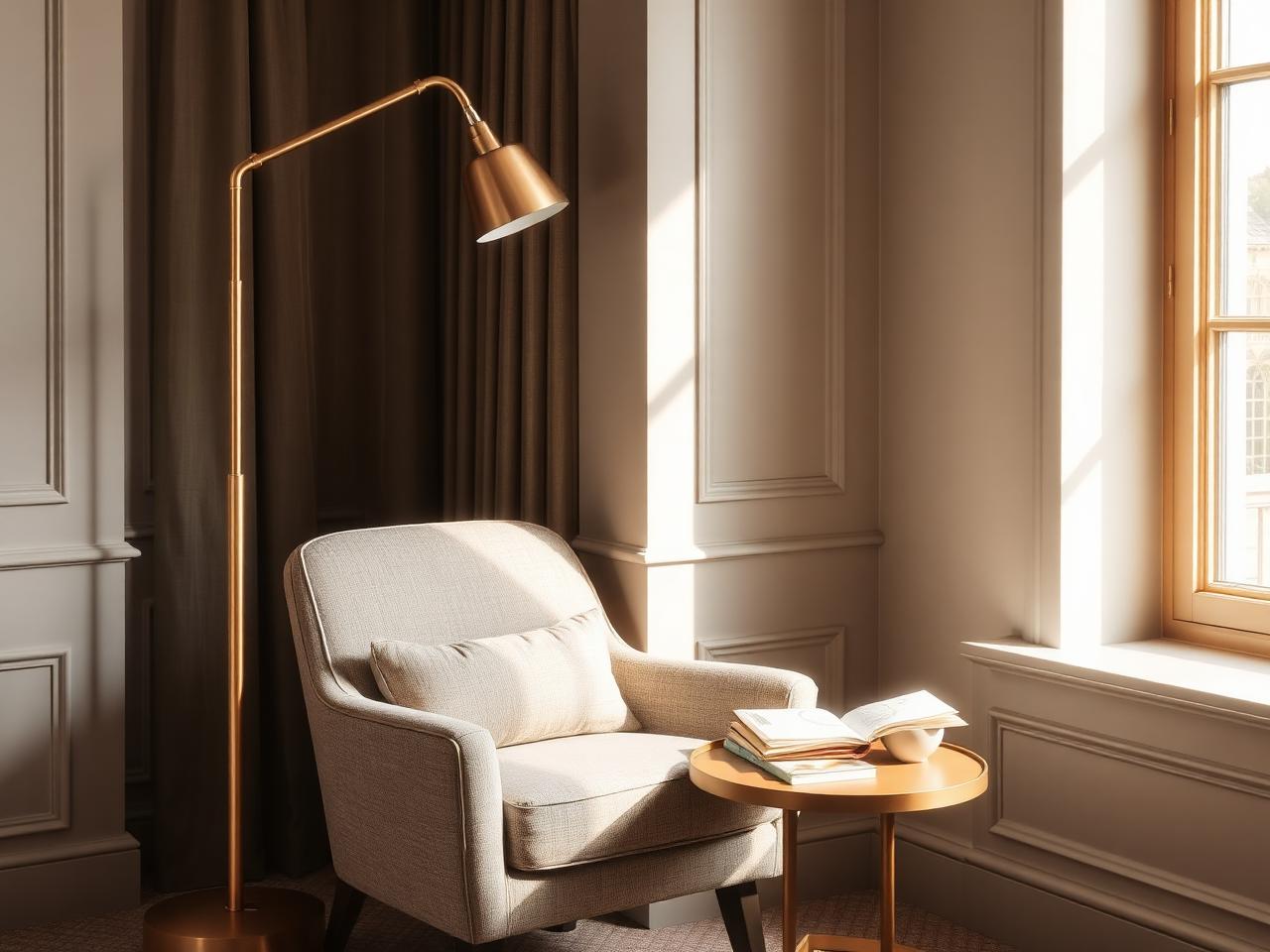 Brass floor lamp beside a linen armchair in a luxury hotel lounge reading corner