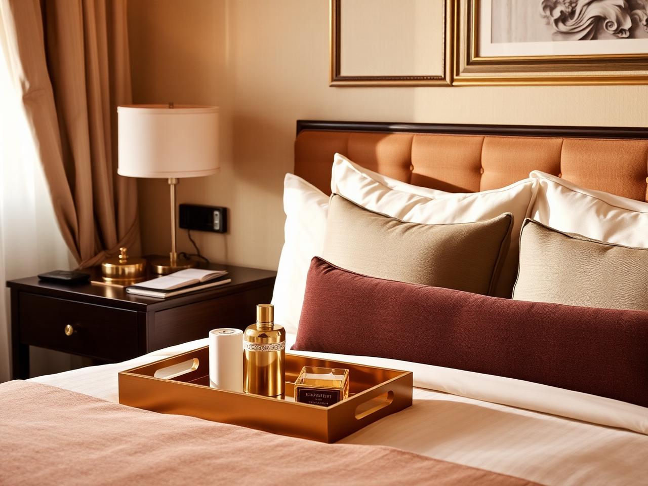 Luxury hotel guest room with bedside reading lights, brass amenity tray and linen bedding