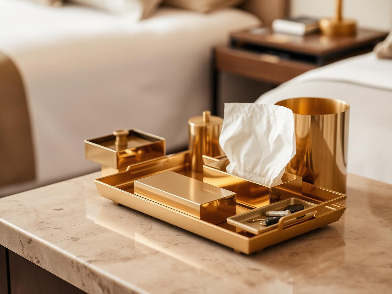 Brass hotel accessories including amenity tray, tissue box and waste bin on a stone surface