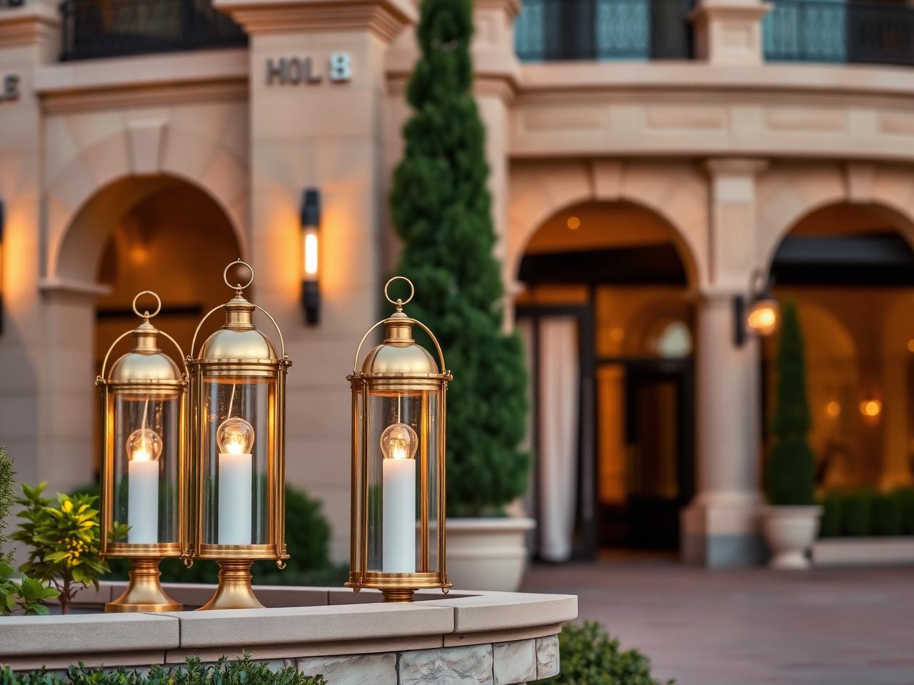 Decorative brass and glass lanterns at a luxury hotel entrance terrace