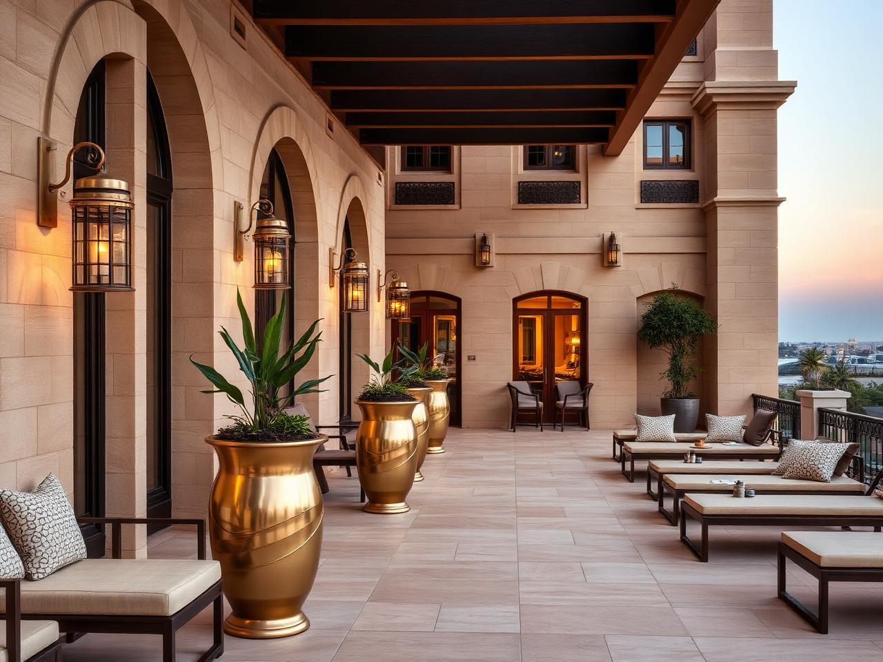 Luxury hotel outdoor terrace with brass lanterns, planters and lounge seating at dusk