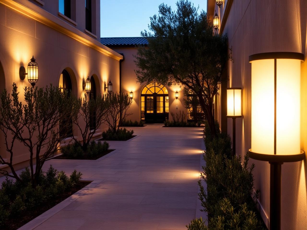Decorative outdoor wall lights and bollards along a luxury hotel courtyard at dusk
