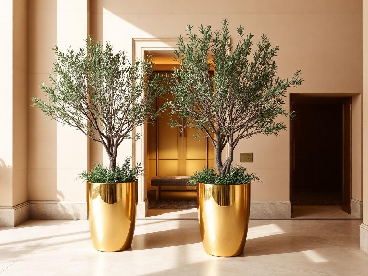 Polished brass floor planters with olive trees in a luxury hotel lobby entrance