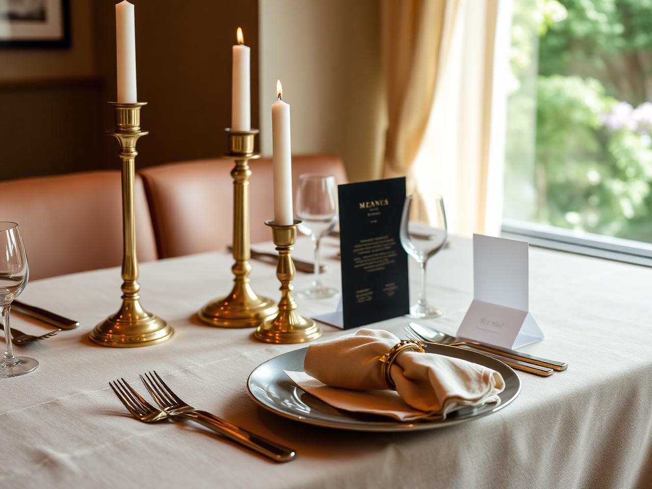 Laid restaurant table with brass candle holders, napkin rings and menu holder