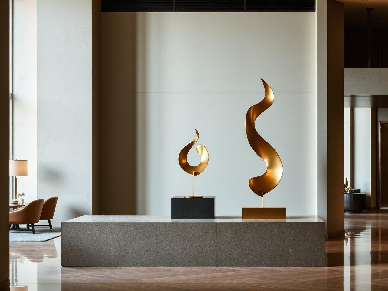 Contemporary abstract brass sculptures on a stone plinth in a luxury hotel lobby