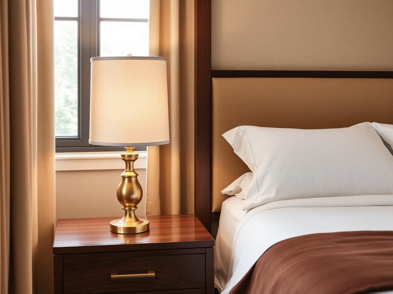 Brass table lamp with linen shade on a bedside console in a luxury hotel bedroom
