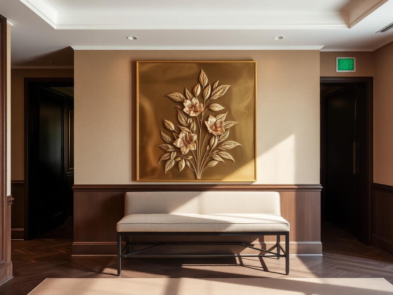 Handcrafted brass botanical wall art panel above a bench in a luxury hotel reception