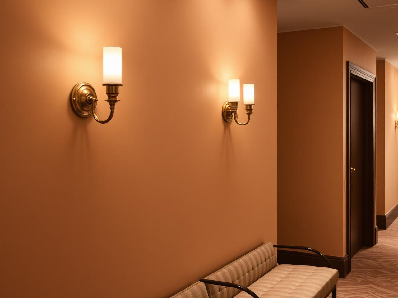 Decorative brass wall sconces on a warm plaster wall in a luxury hotel corridor